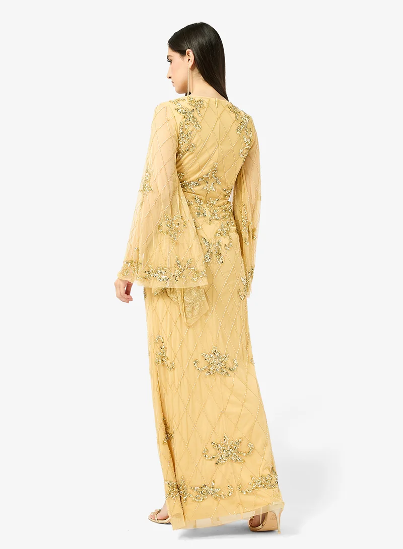 Frock and Frill  Embroidered Front Slit Long Sleeve Maxi Dress for Women | Best Price UAE